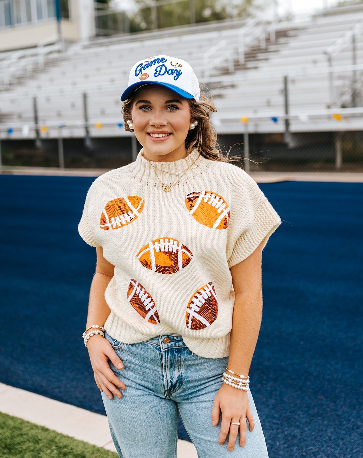Oatmeal Sequin Football Patches Rib Trim Sweater IT1388G-08