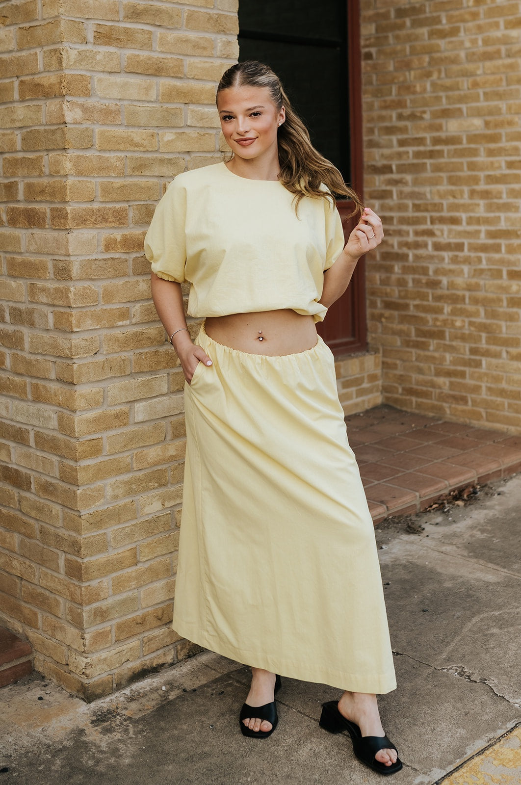 Lemon Cotton Bubble Knit Top and Skirt Set