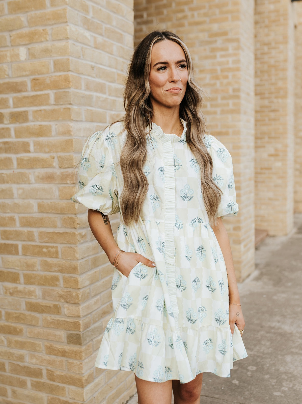 Chartreuse Plaid Floral Bubble Mini Dress ID300550-01