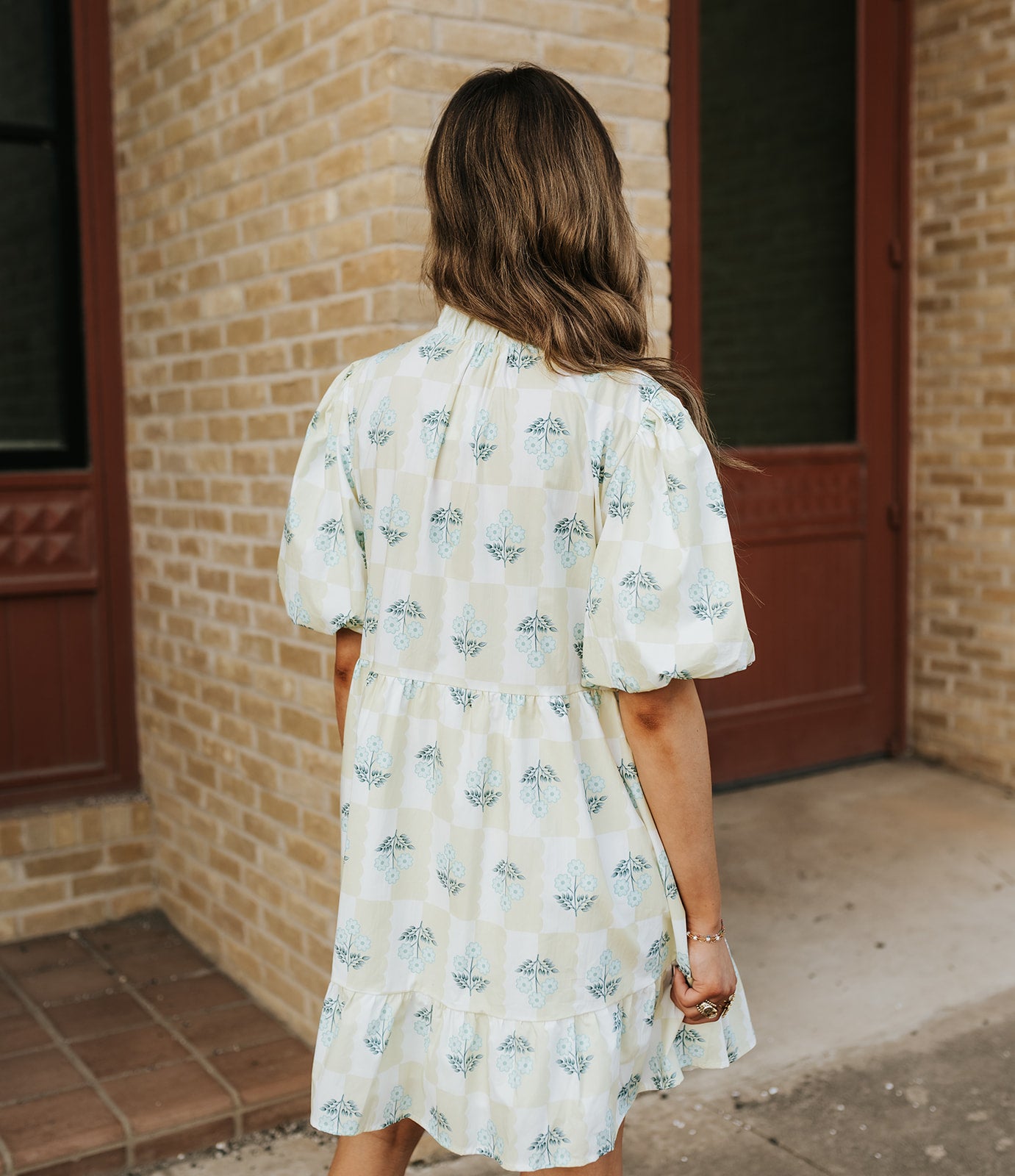 Chartreuse Plaid Floral Bubble Mini Dress ID300550-01