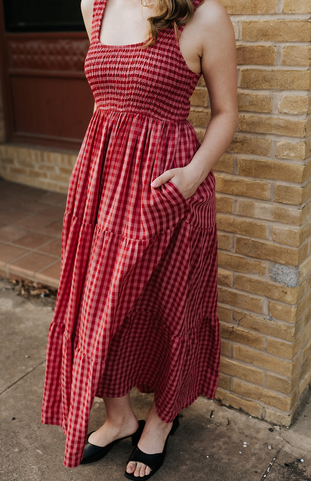 Fuchsia Smocked Bodice Gingham Maxi Dress BD5181-A