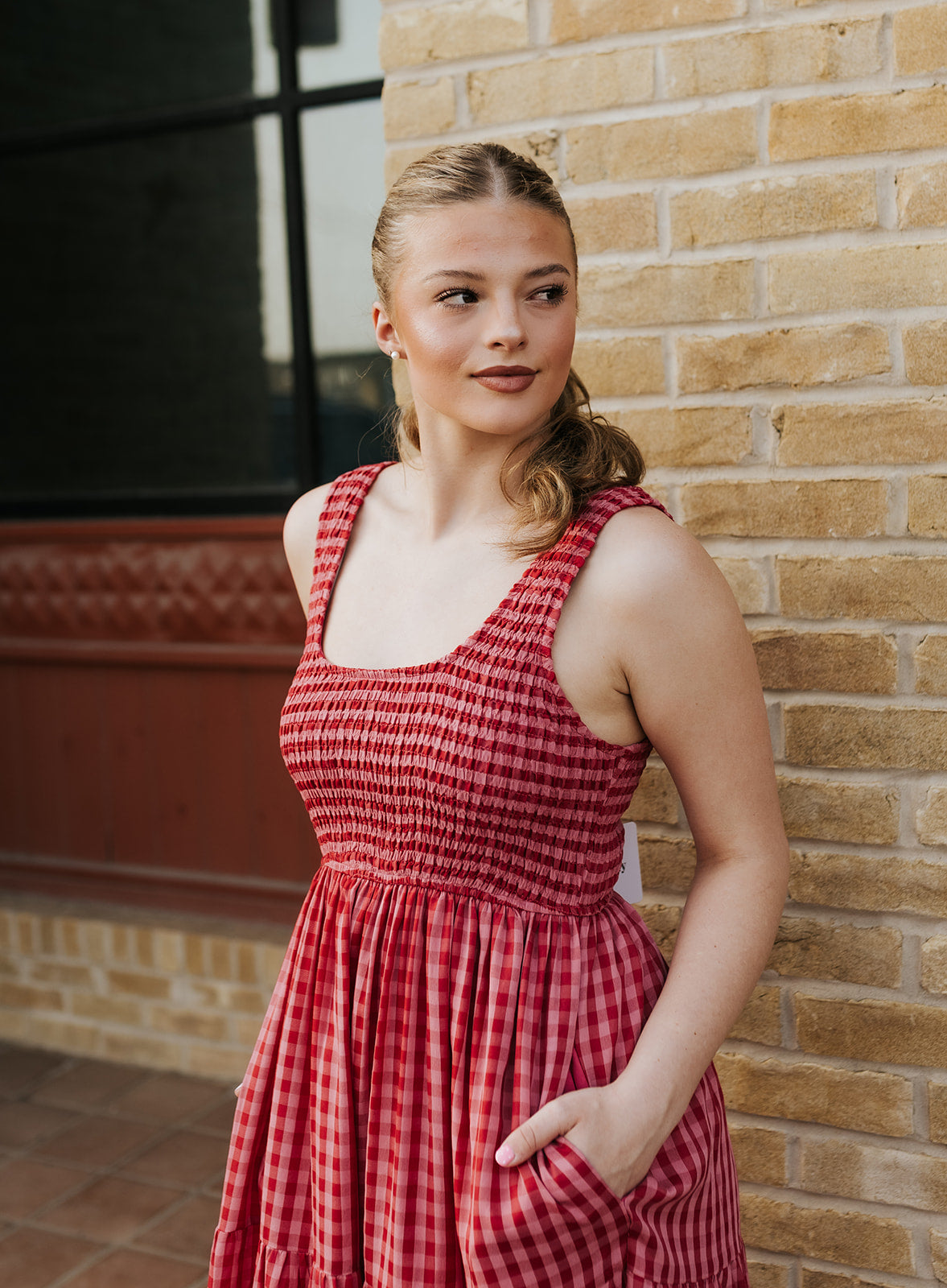 Fuchsia Smocked Bodice Gingham Maxi Dress BD5181-A