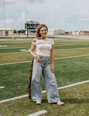 Suede Fringe Light Wash Denim Pants FP2309