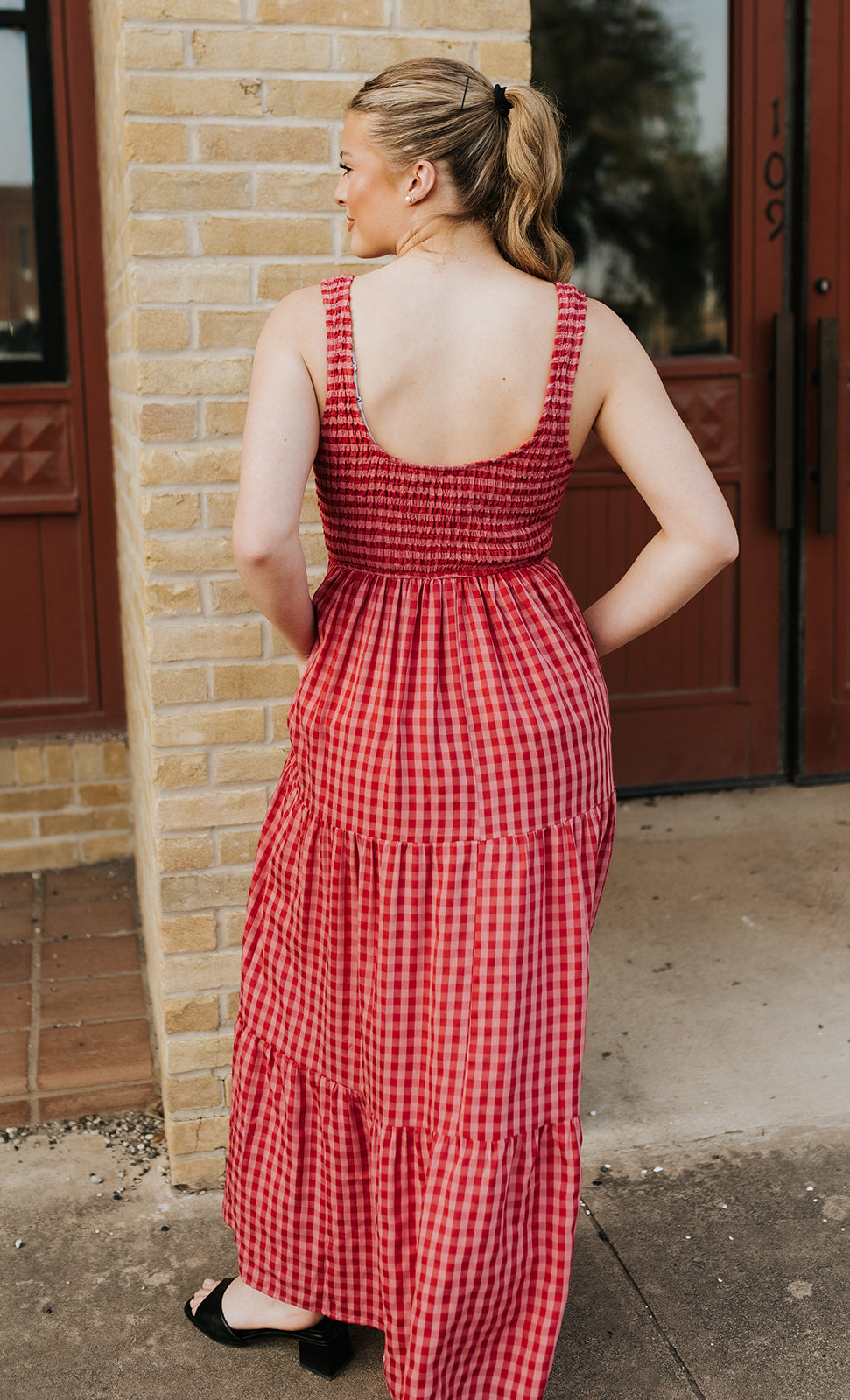 Fuchsia Smocked Bodice Gingham Maxi Dress BD5181-A