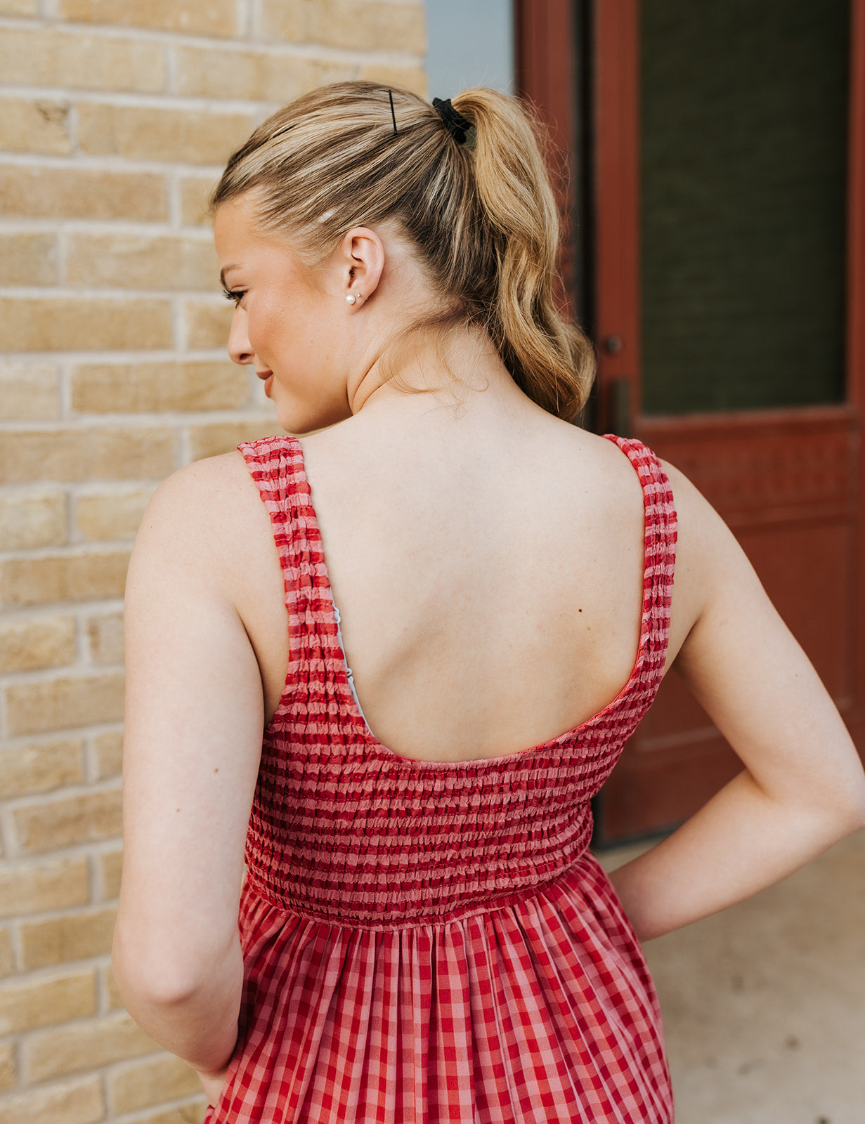 Fuchsia Smocked Bodice Gingham Maxi Dress BD5181-A