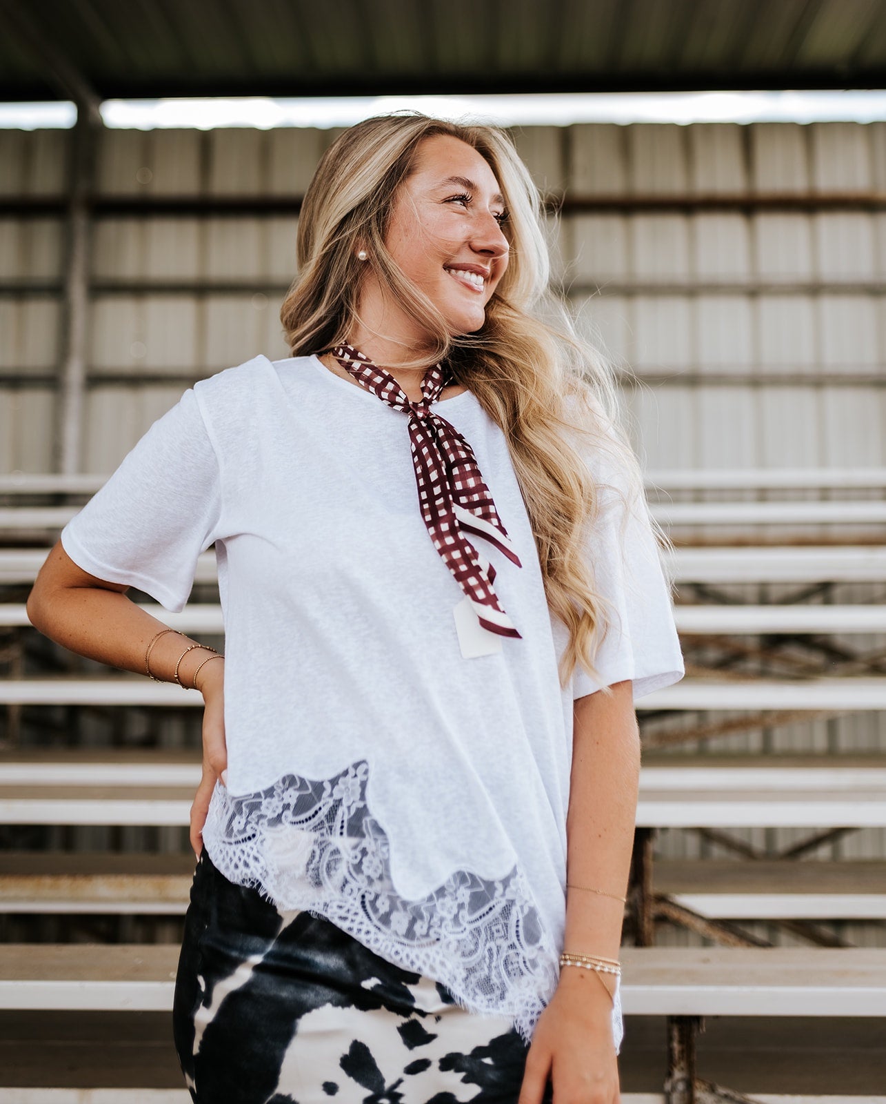 White Slub Knit Lace Hem Tee EC12722