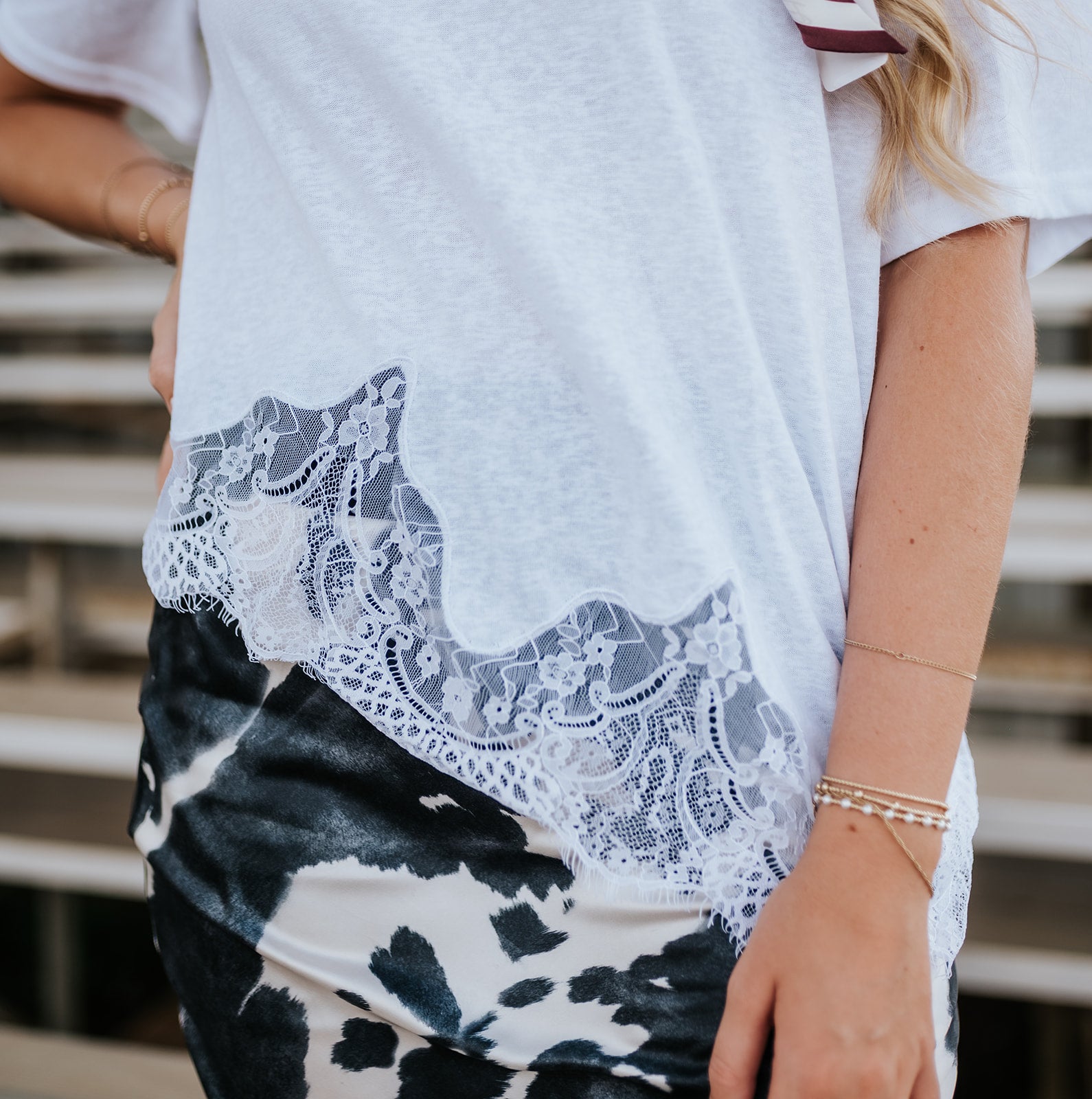 White Slub Knit Lace Hem Tee EC12722