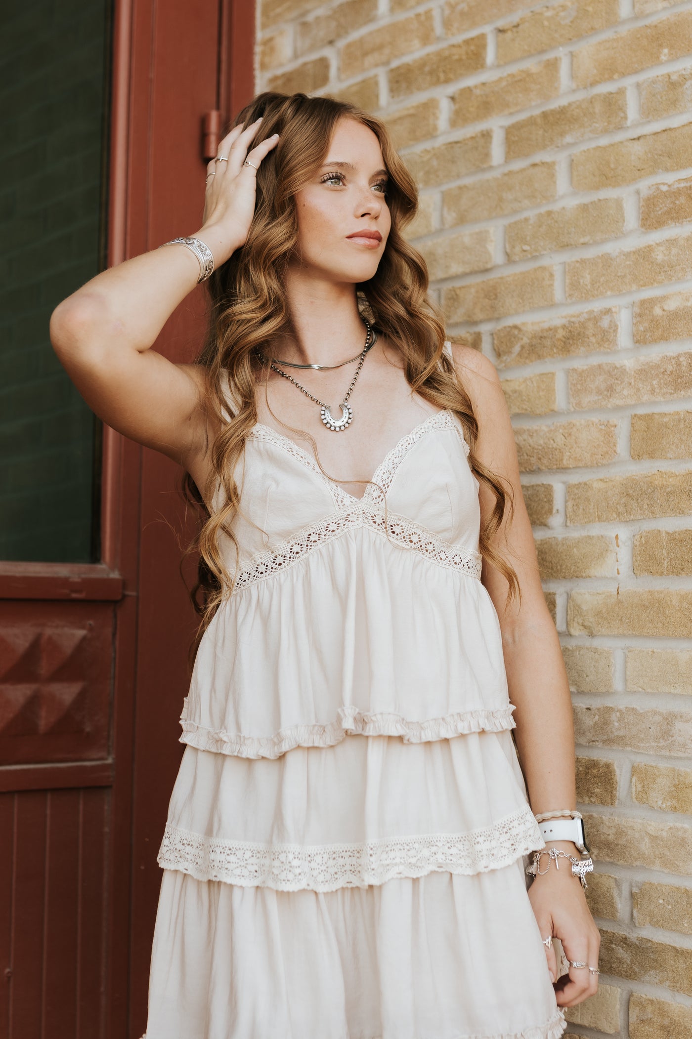 V-Neck Lace & Ruffle Sleeveless Tiered Mini Dress