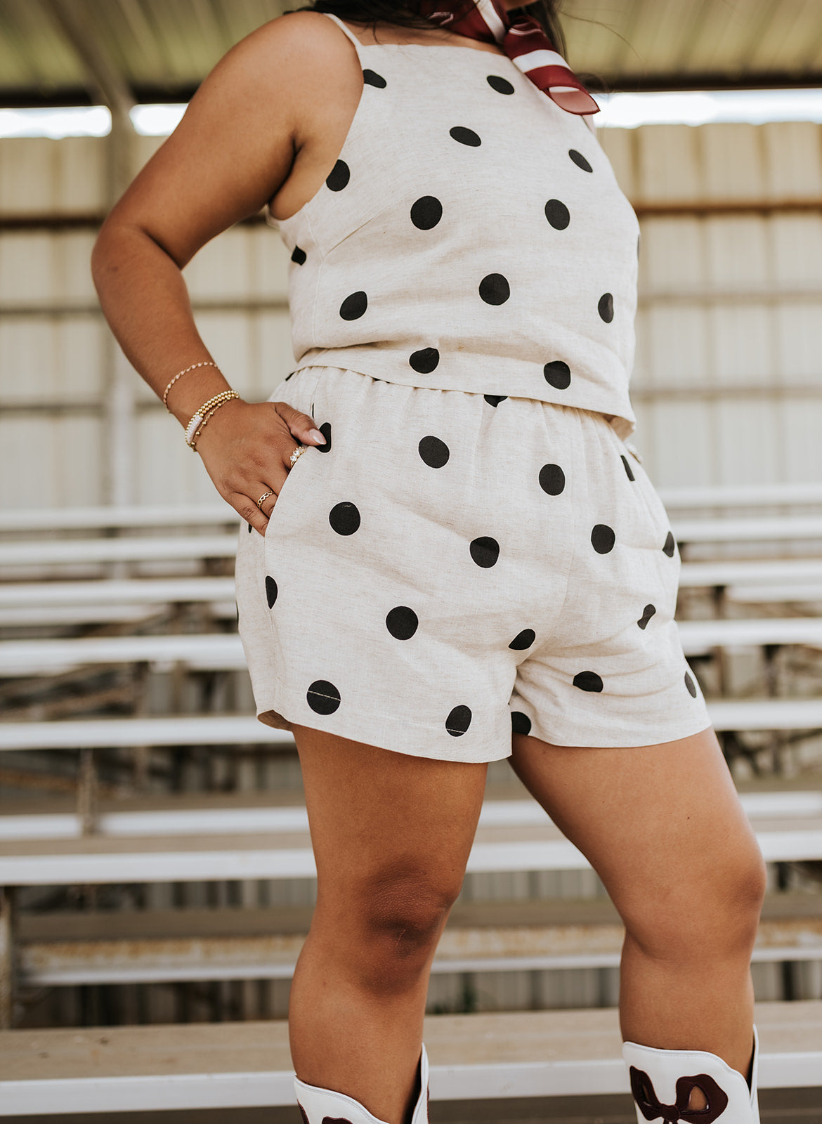 Polka Dot Linen Sleeveless Top and Shorts Set IST6385-A