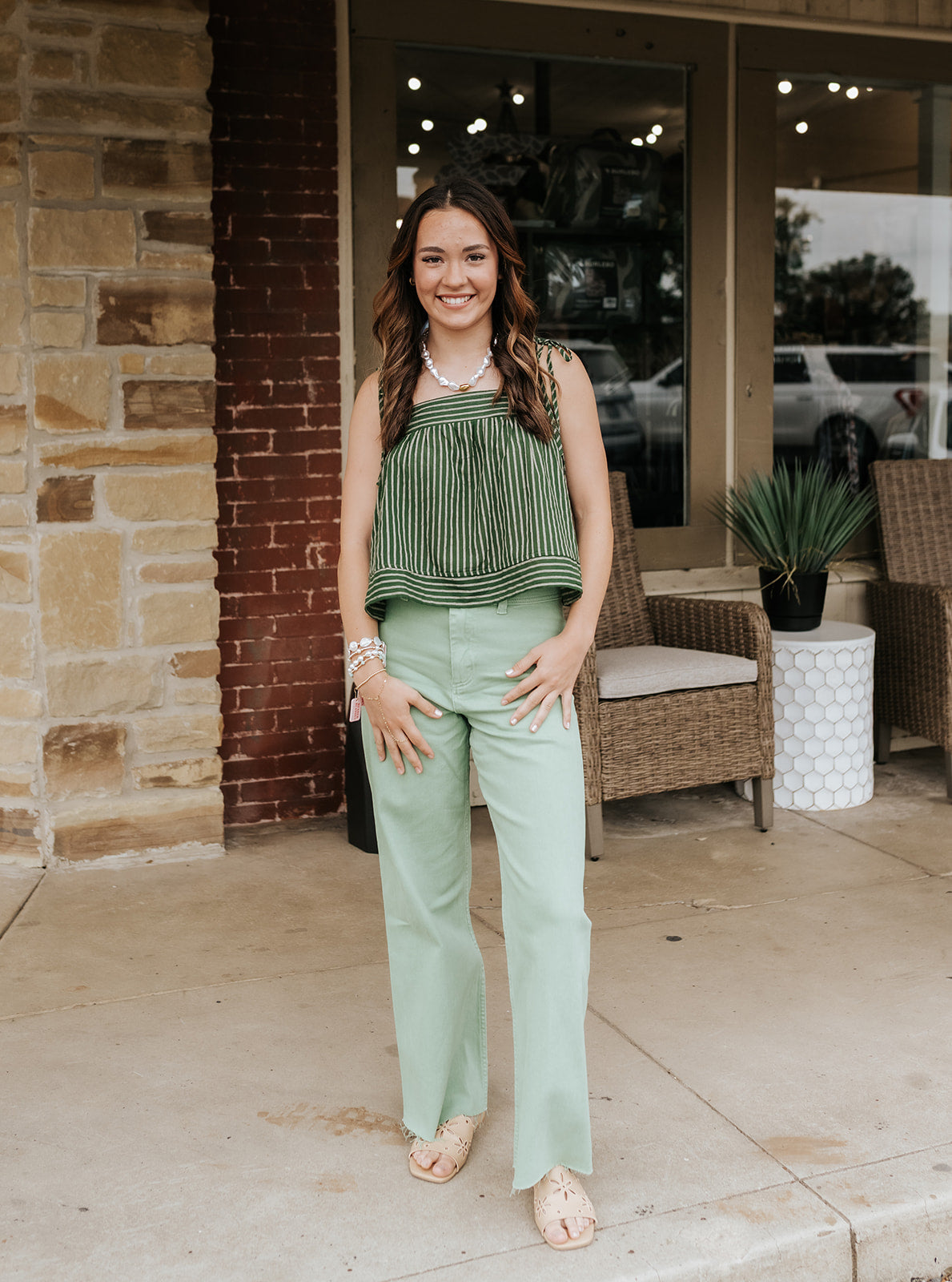 Green Striped Spaghetti Strap Top T6359ST