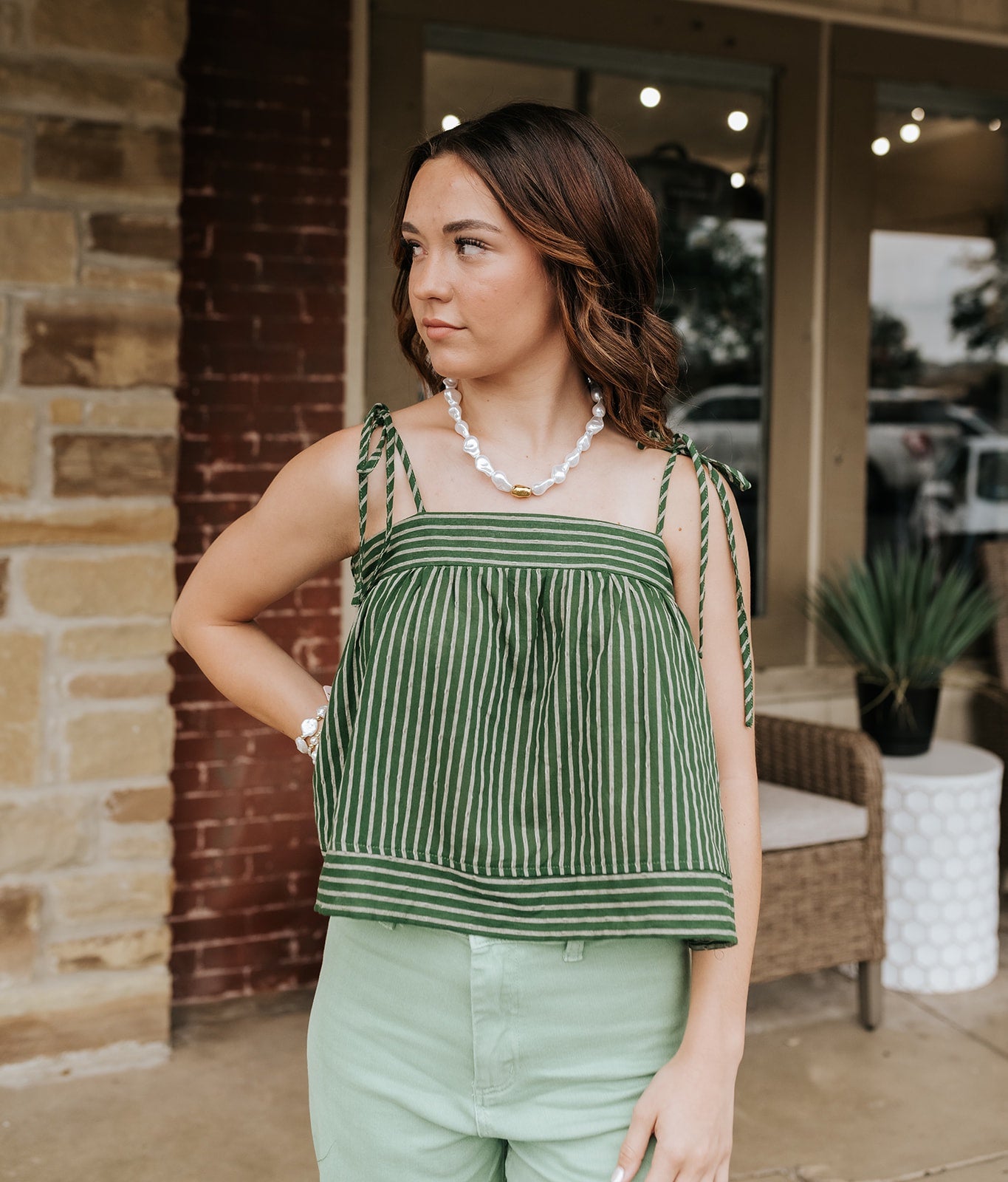 Green Striped Spaghetti Strap Top T6359ST