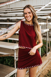 Maroon Stud Trim Sleeveless Crop Top CT10144