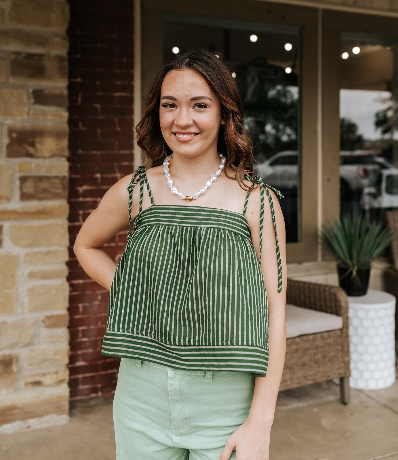Green Striped Spaghetti Strap Top T6359ST