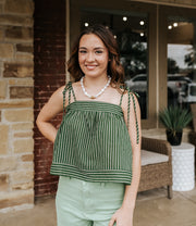 Green Striped Spaghetti Strap Top T6359ST