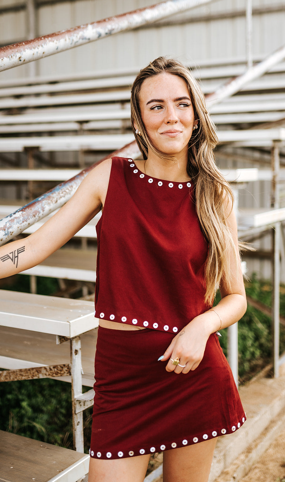 Maroon Stud Trim Sleeveless Crop Top CT10144