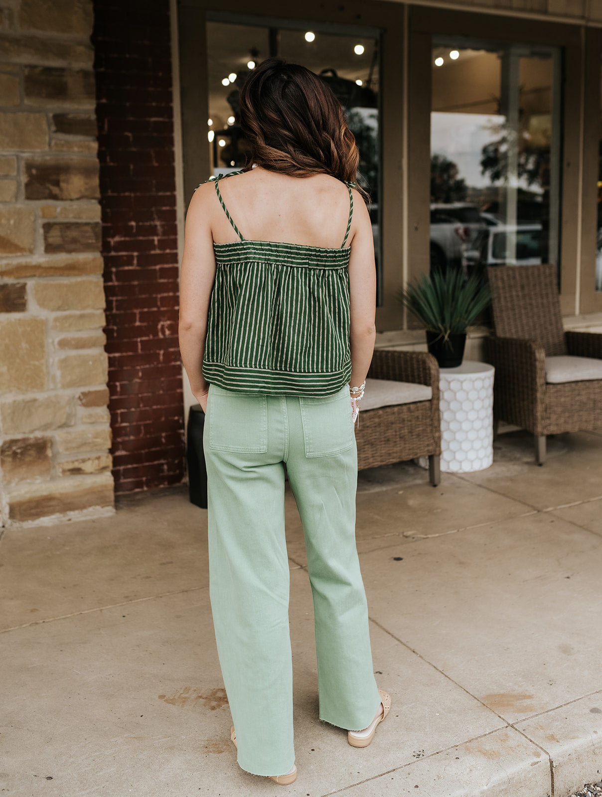 Green Striped Spaghetti Strap Top T6359ST