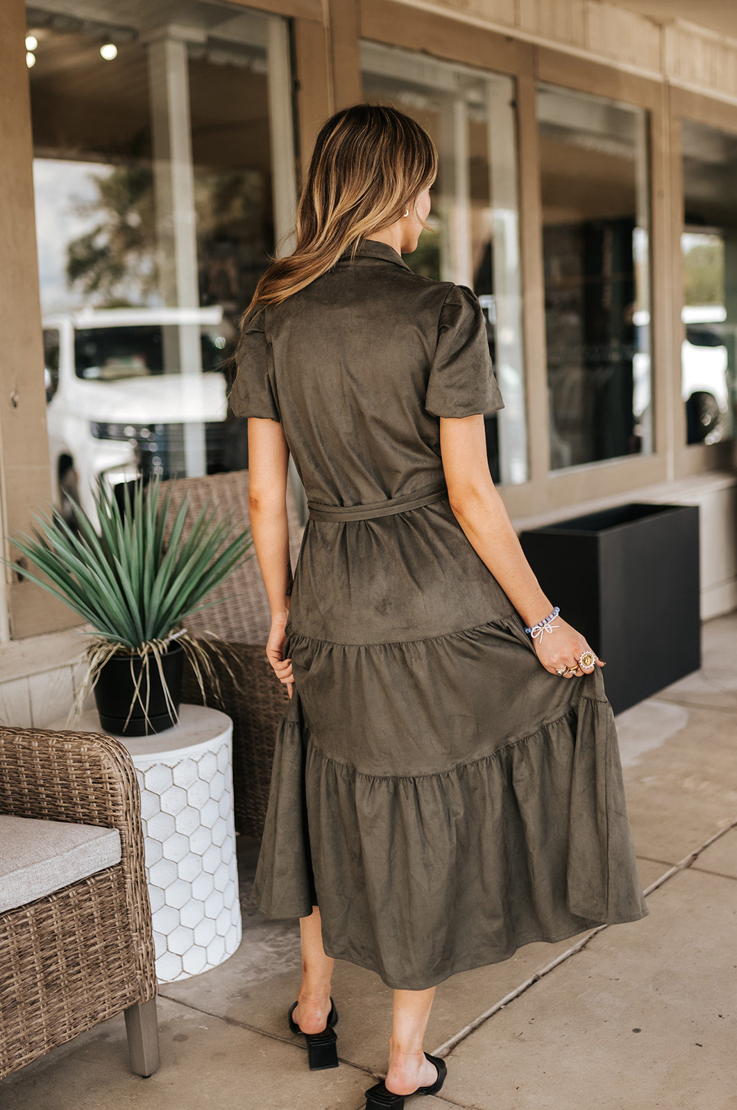 Olive Short Sleeve Tiered Suede Midi Dress SU50290