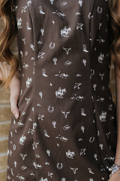 Brown Sleeveless Cowboy Graphic Mini Dress ID5624