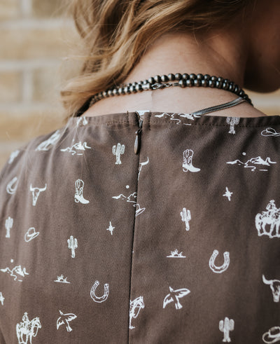 Brown Sleeveless Cowboy Graphic Mini Dress ID5624