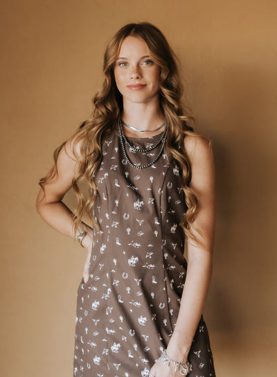 Brown Sleeveless Cowboy Graphic Mini Dress ID5624