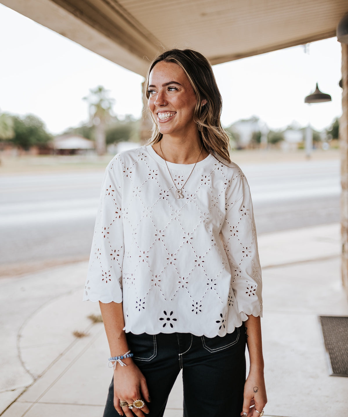 Ivory Eyelet Embroidered Scallop Hem Tee EC12843