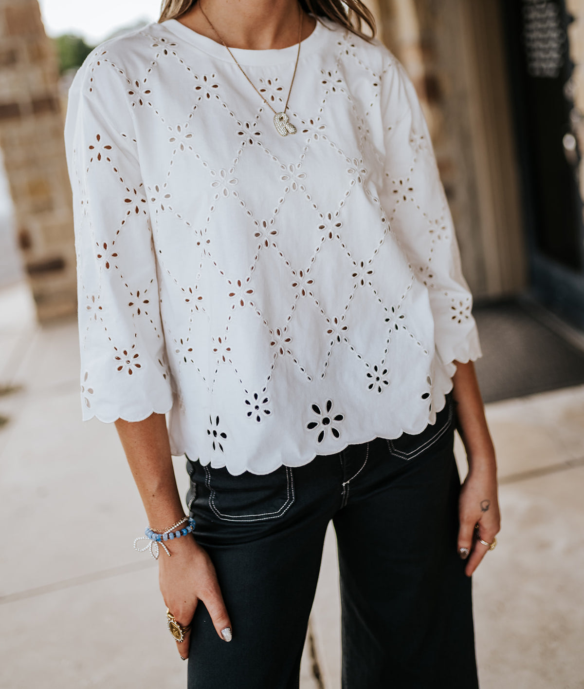Ivory Eyelet Embroidered Scallop Hem Tee EC12843