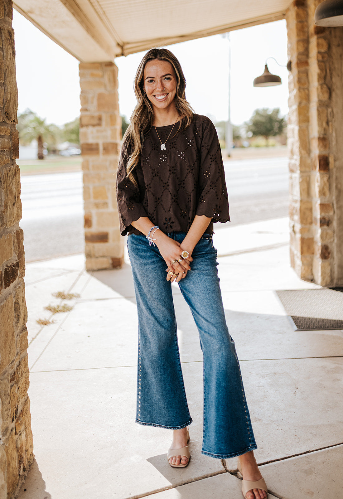 Brown Eyelet Embroidered Scallop Hem Tee EC12842