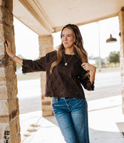 Brown Eyelet Embroidered Scallop Hem Tee EC12842