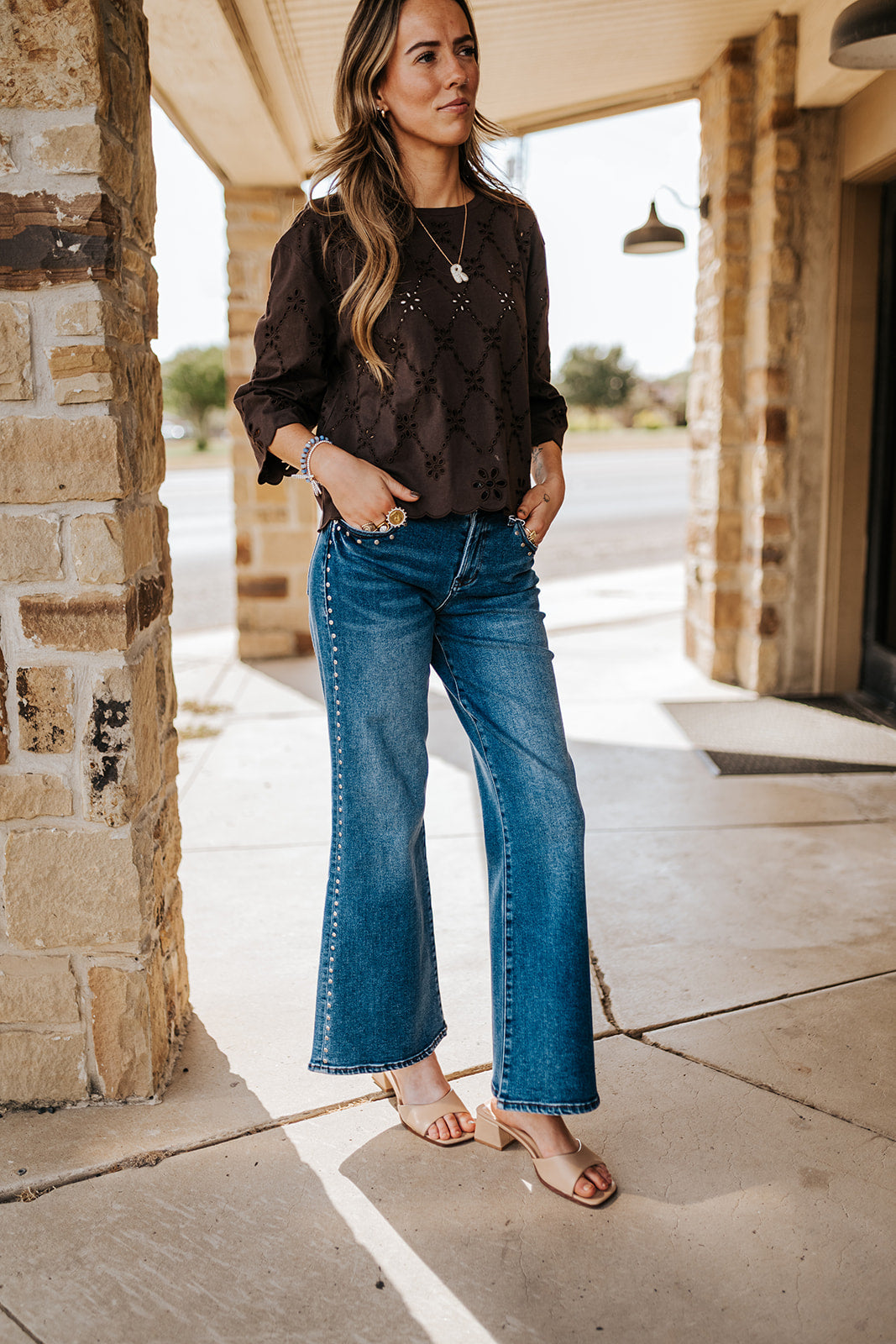 Brown Eyelet Embroidered Scallop Hem Tee EC12842