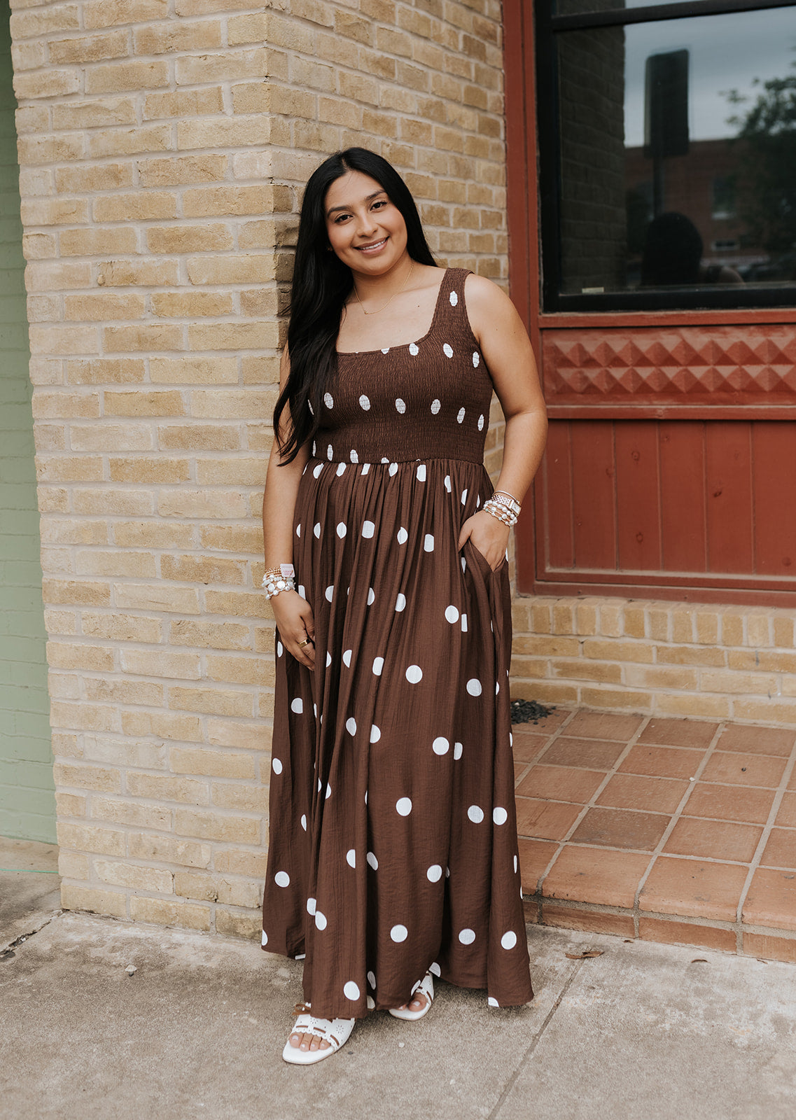 Chocolate Polka Dot Smocked Maxi Dress FDB0328