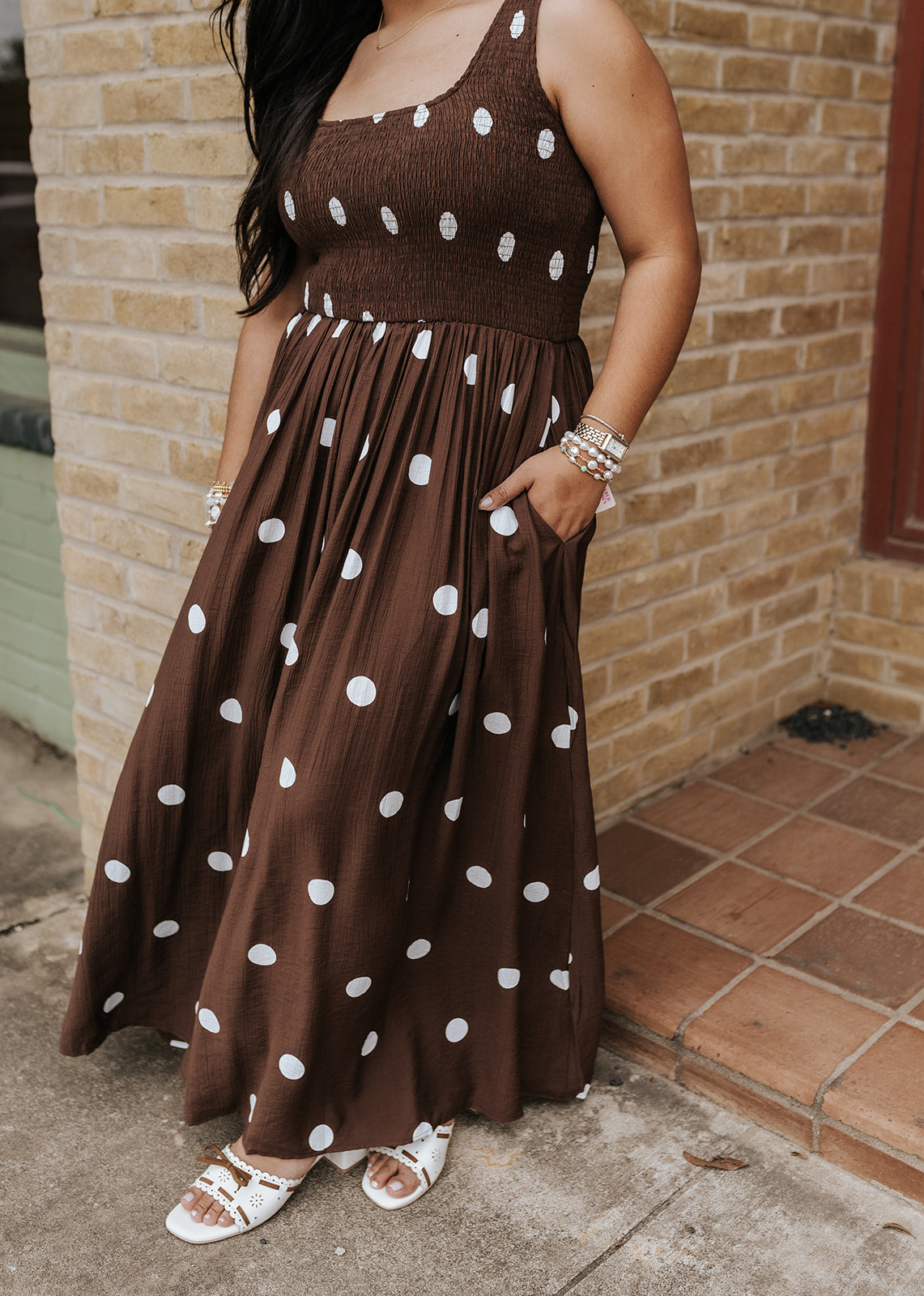 Chocolate Polka Dot Smocked Maxi Dress FDB0328