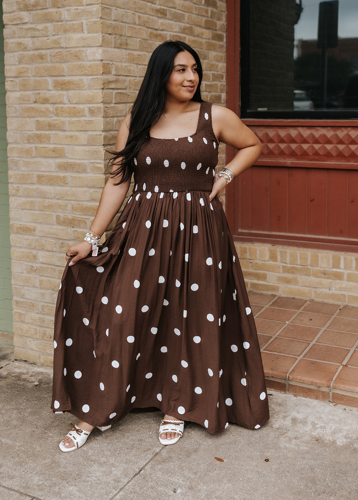 Chocolate Polka Dot Smocked Maxi Dress FDB0328