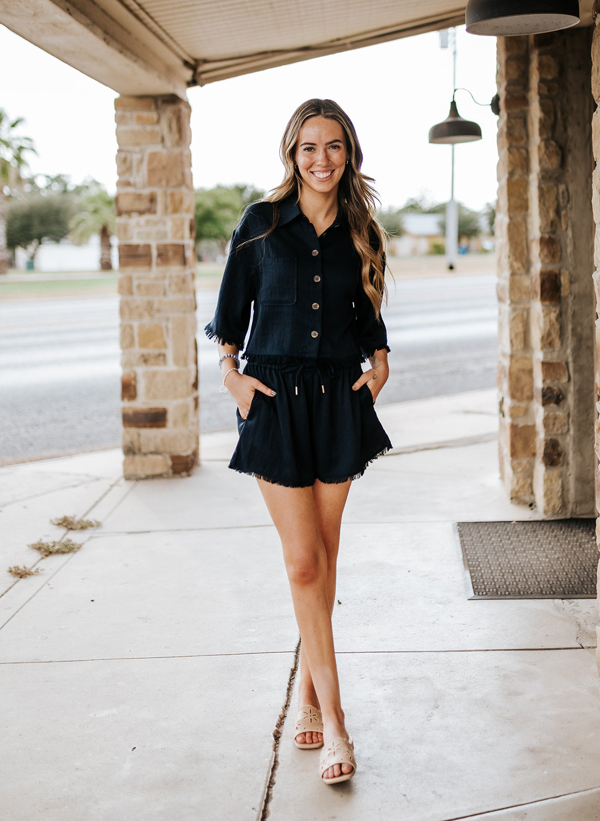 Navy Frayed Hem Button Down LR11707