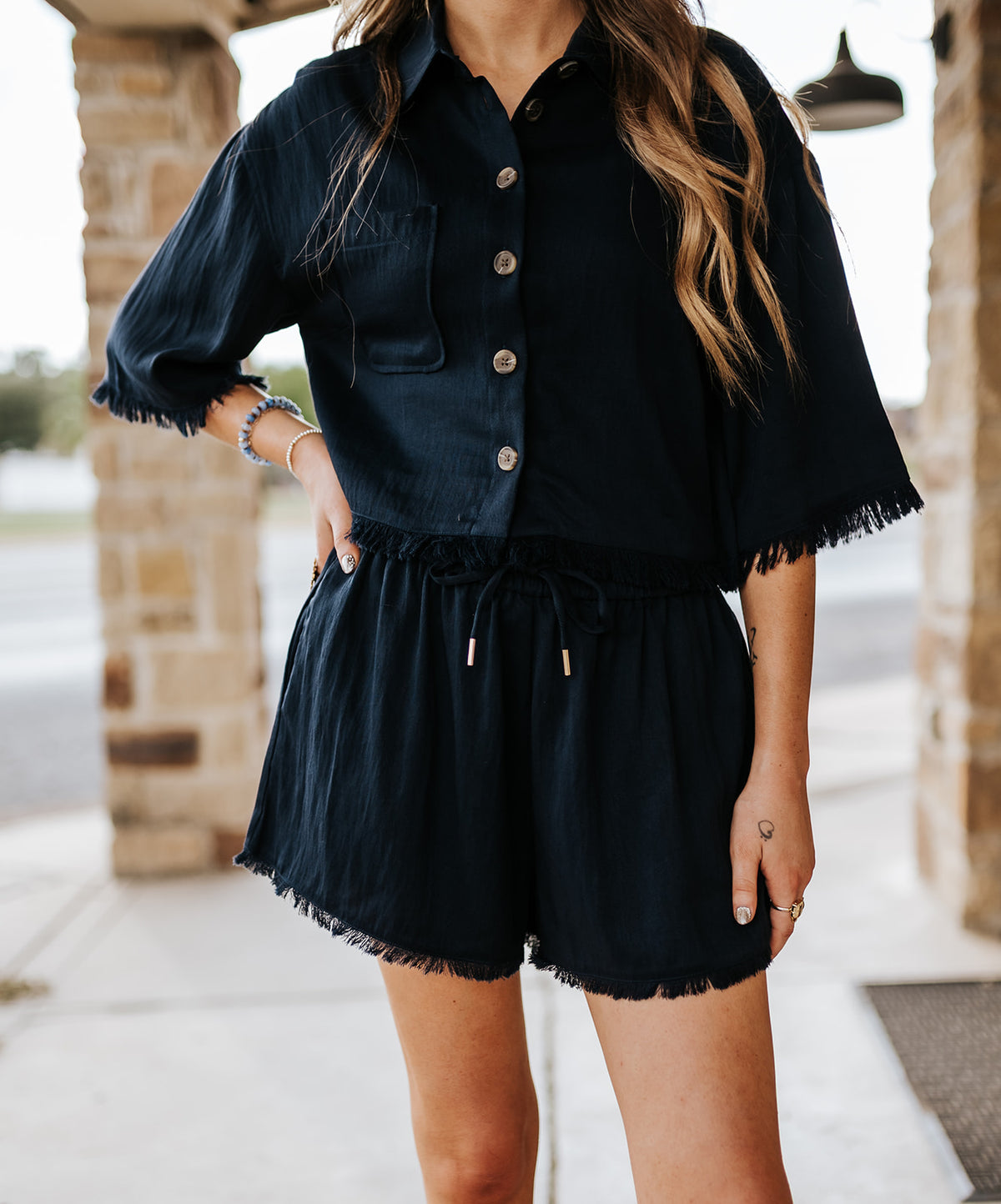 Navy Frayed Hem Button Down LR11707