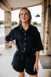 Navy Frayed Hem Button Down LR11707
