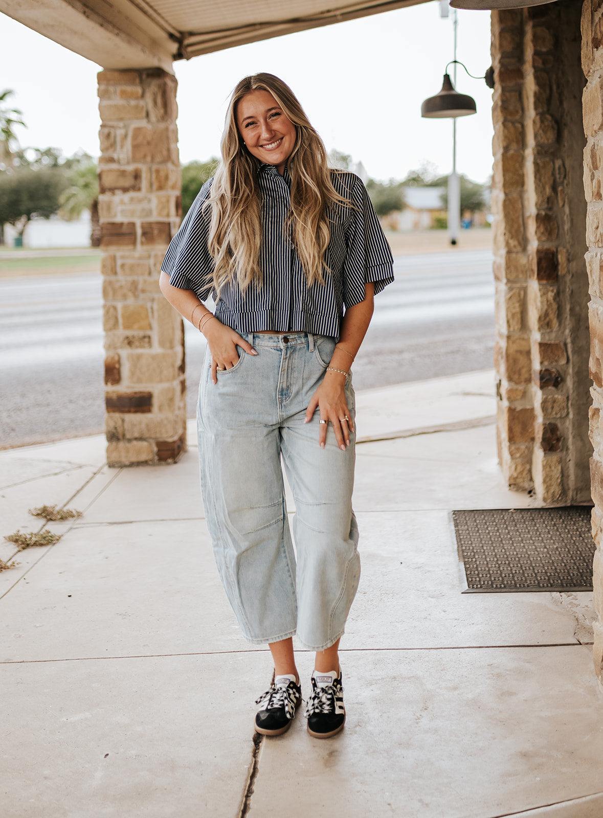 Blue Striped S/S Cropped Button Down