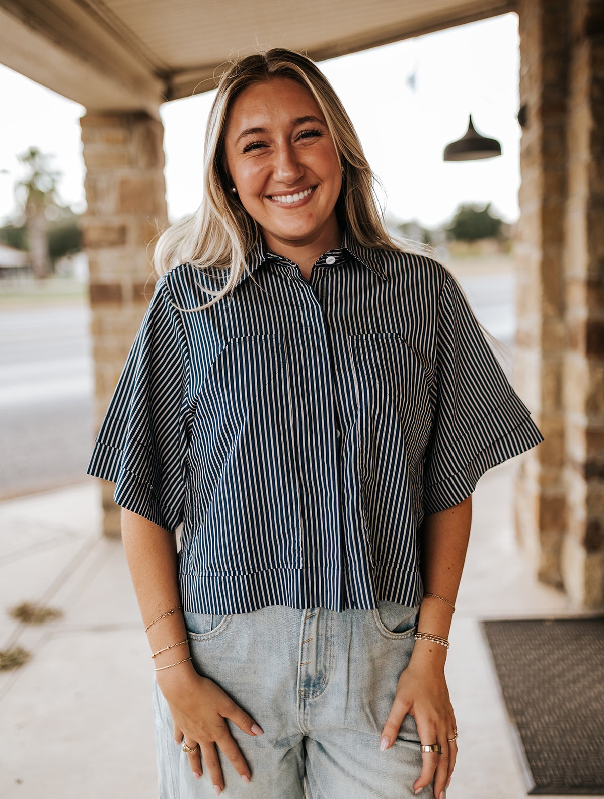 Blue Striped S/S Cropped Button Down