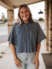 Blue Striped S/S Cropped Button Down
