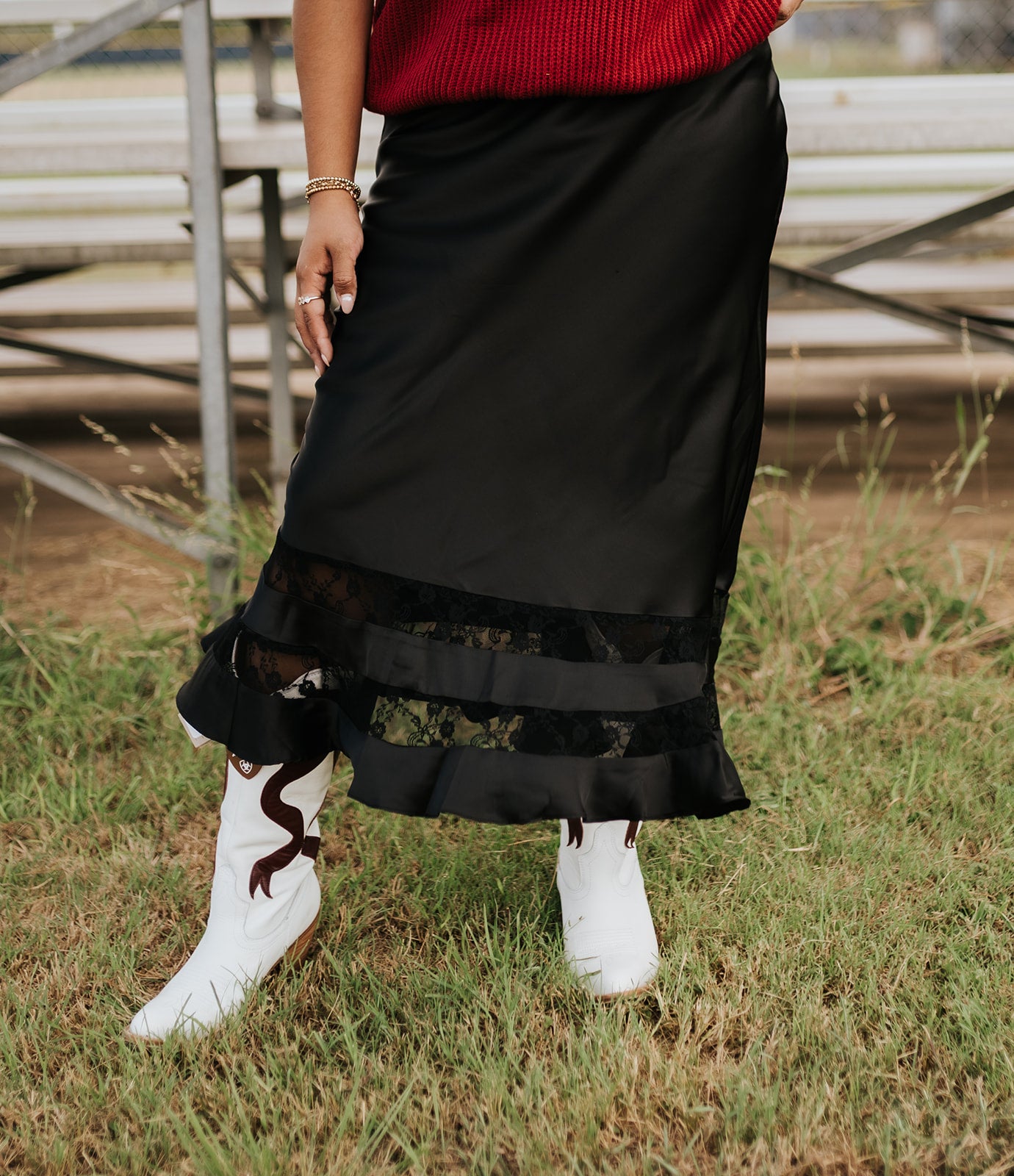 Satin Lace Trim Midi Skirt - RS1070