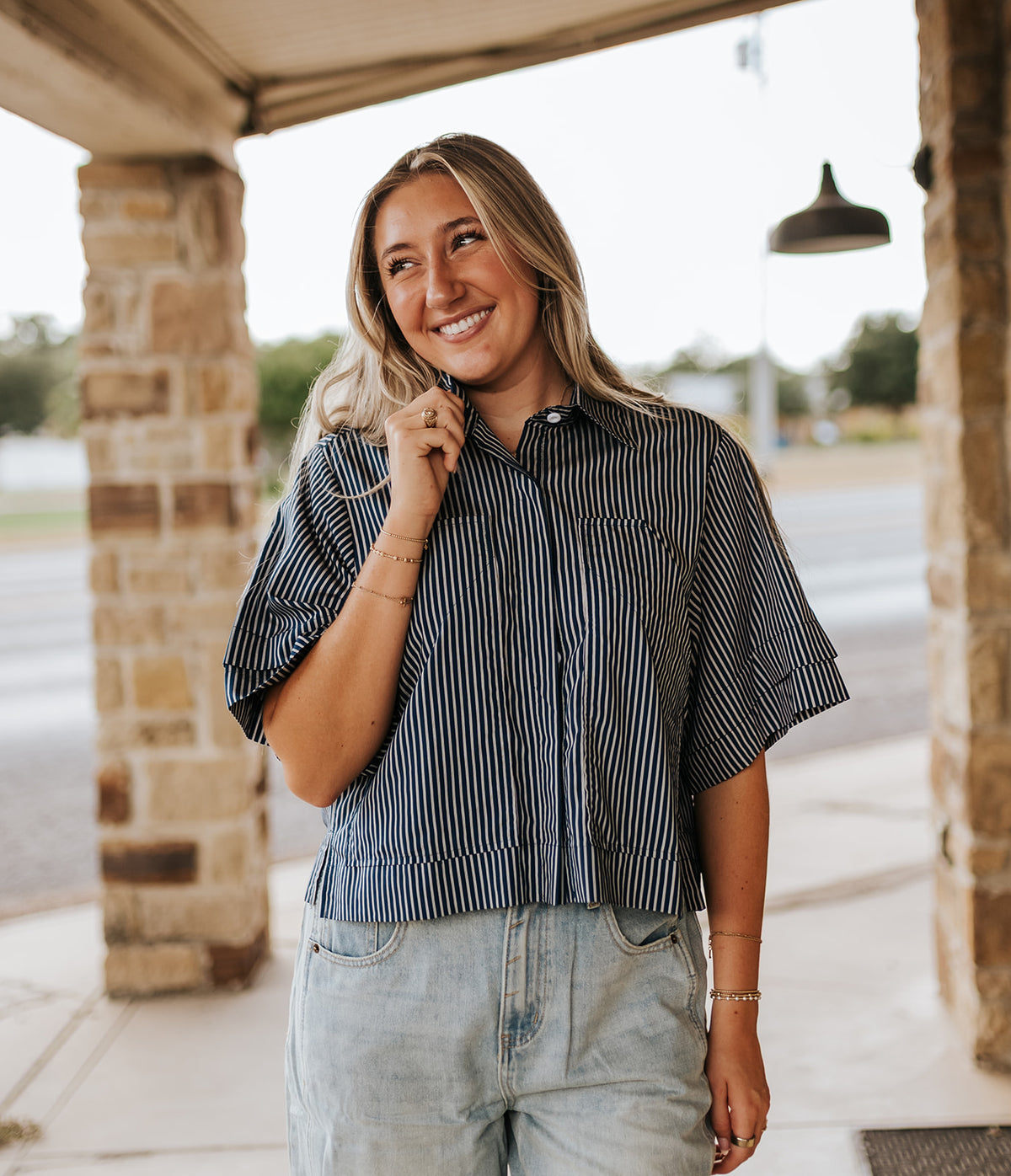 Blue Striped S/S Cropped Button Down