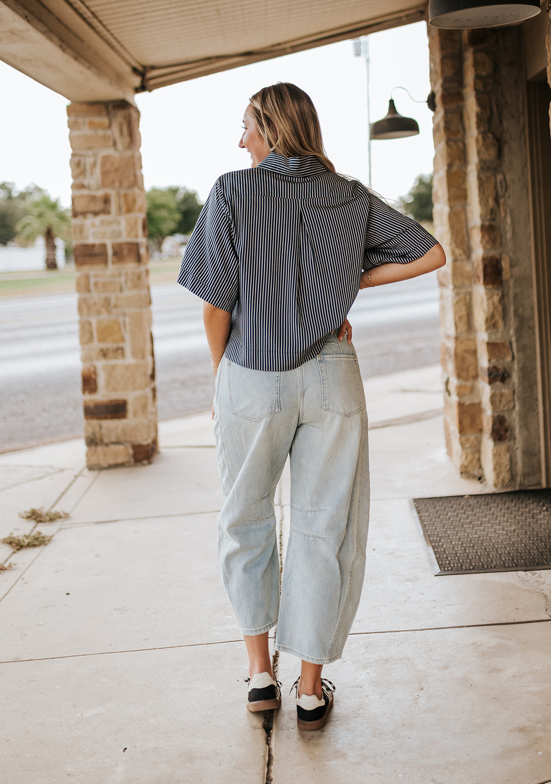 Blue Striped S/S Cropped Button Down