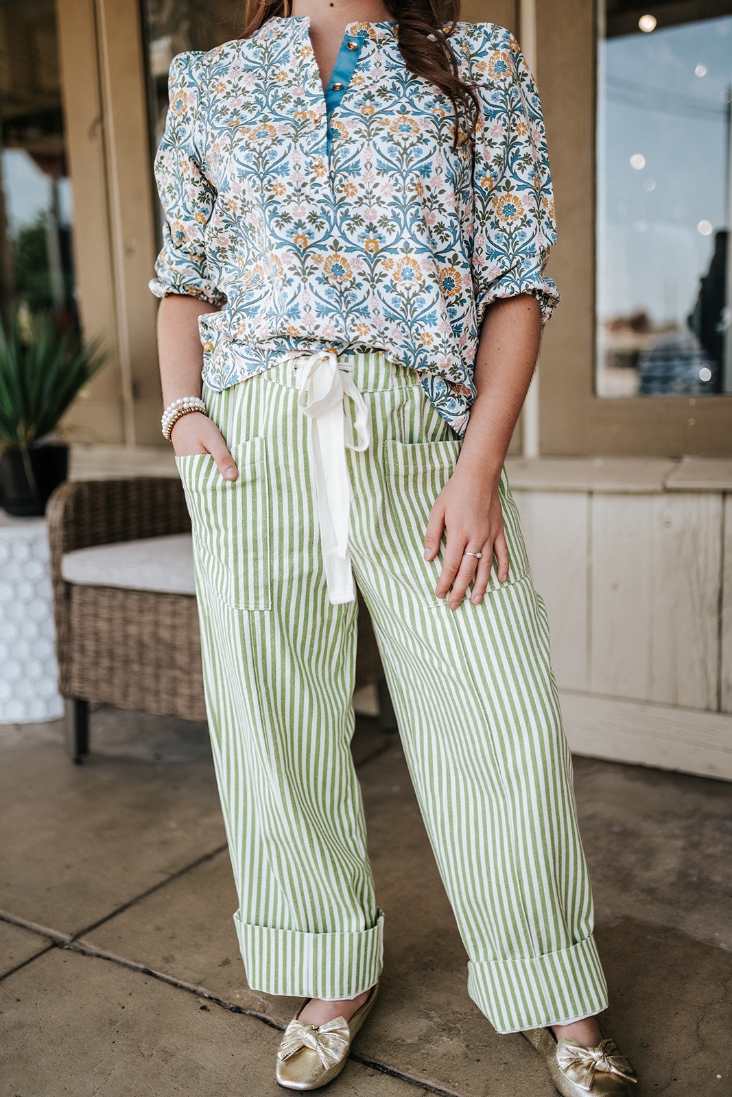 Sage/Natural Striped Drawstring Pants MP5090