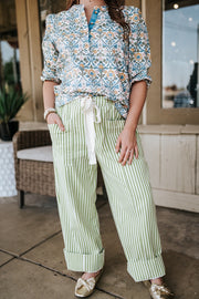 Sage/Natural Striped Drawstring Pants MP5090