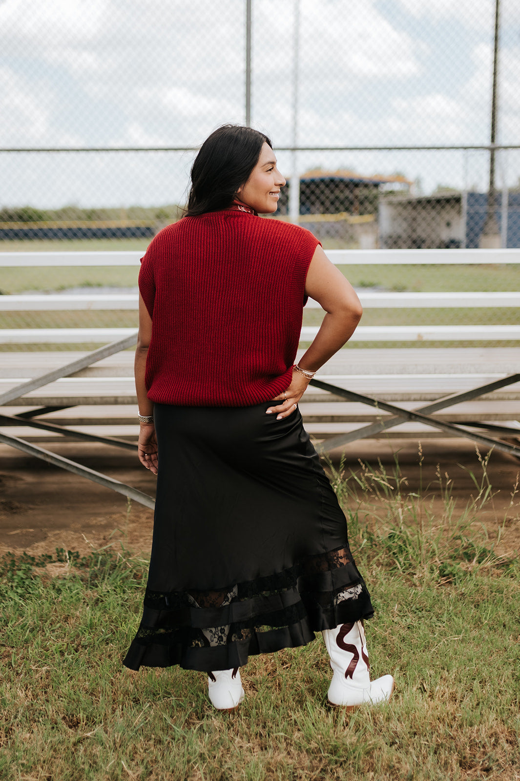 Satin Lace Trim Midi Skirt - RS1070