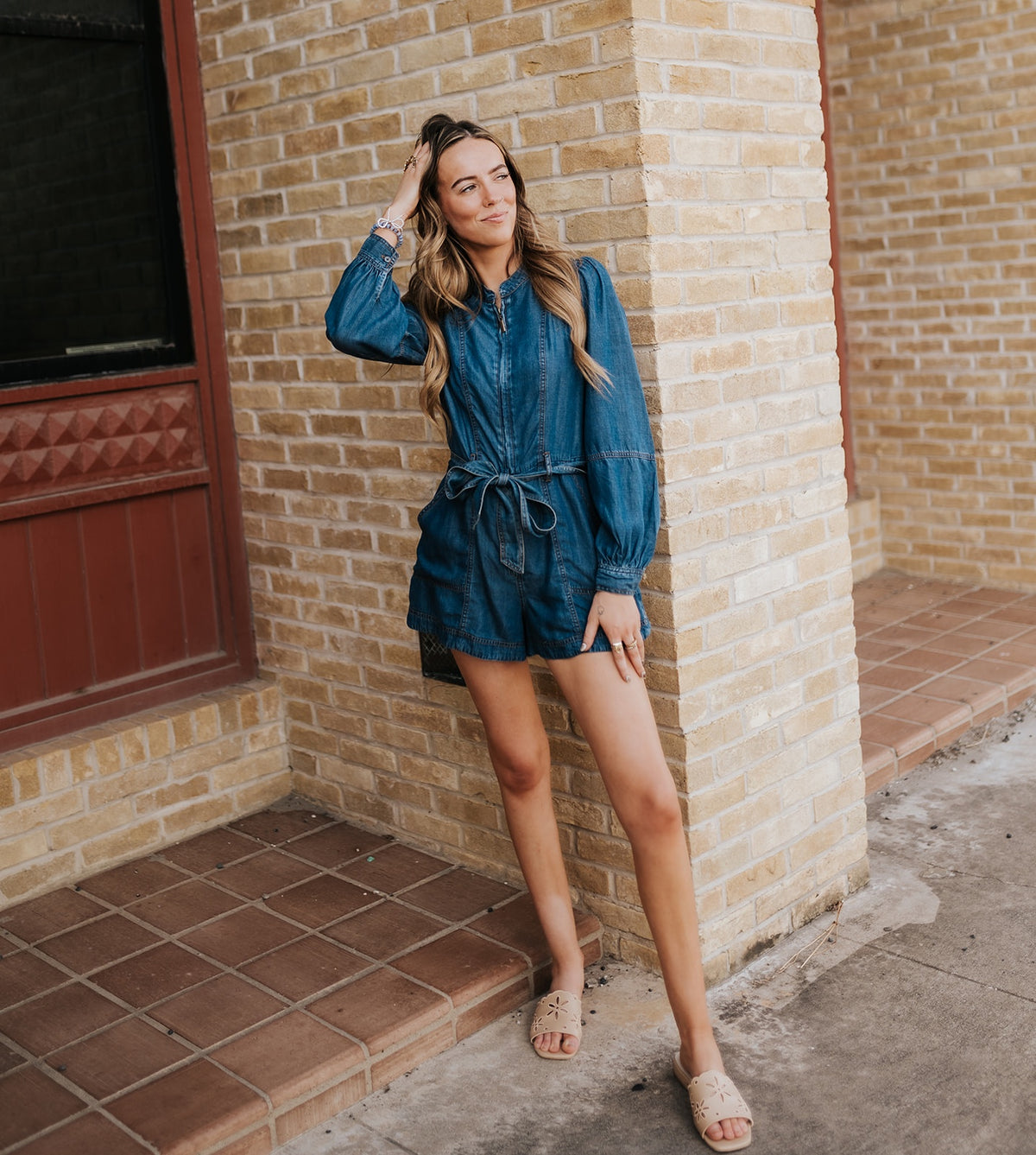 Denim Long Sleeve/Shorts Tie Belt Romper DTT7507