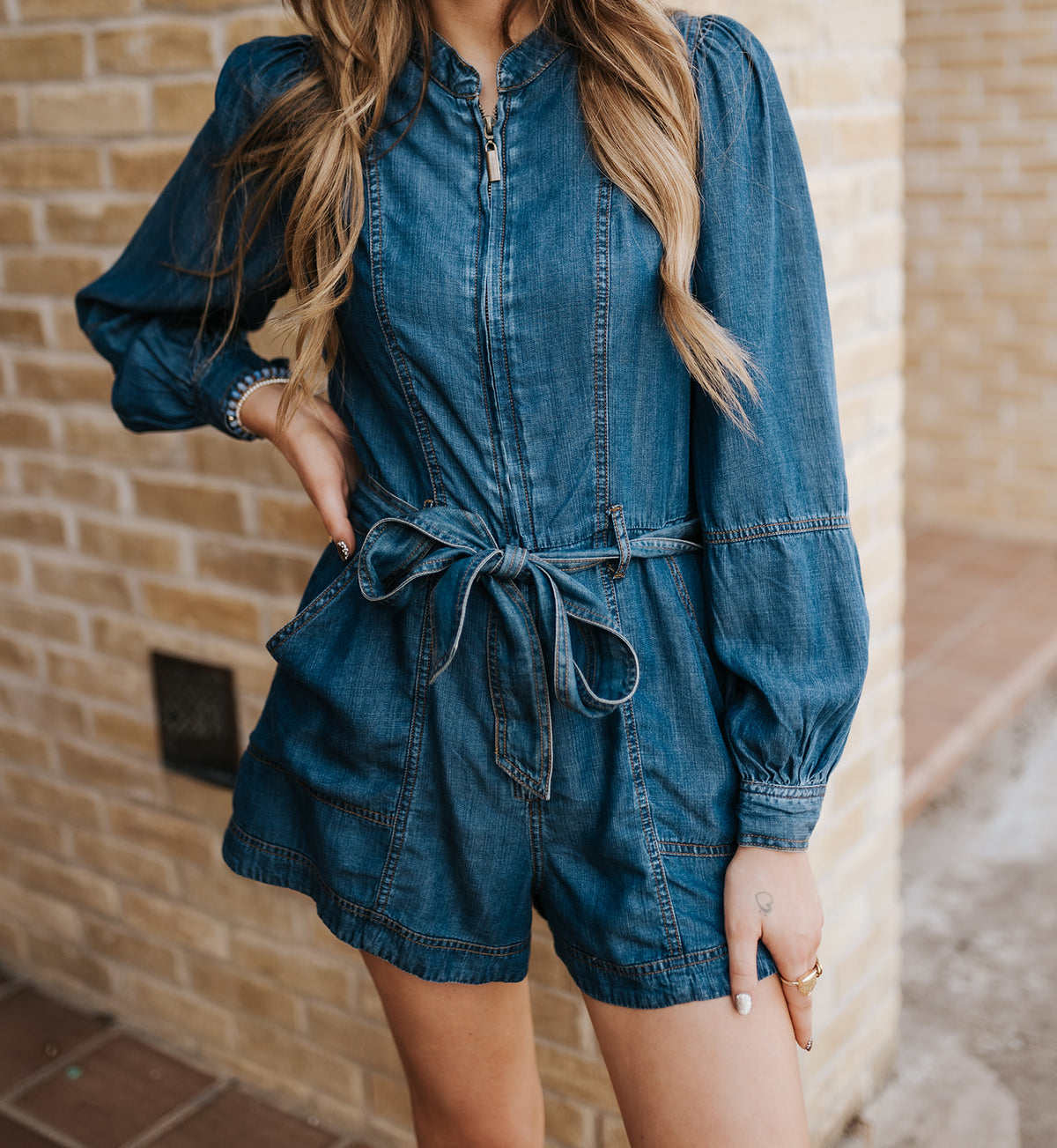 Denim Long Sleeve/Shorts Tie Belt Romper DTT7507