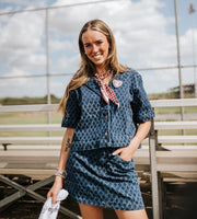 Denim Diamond Short Sleeve Button Down Top JED11748