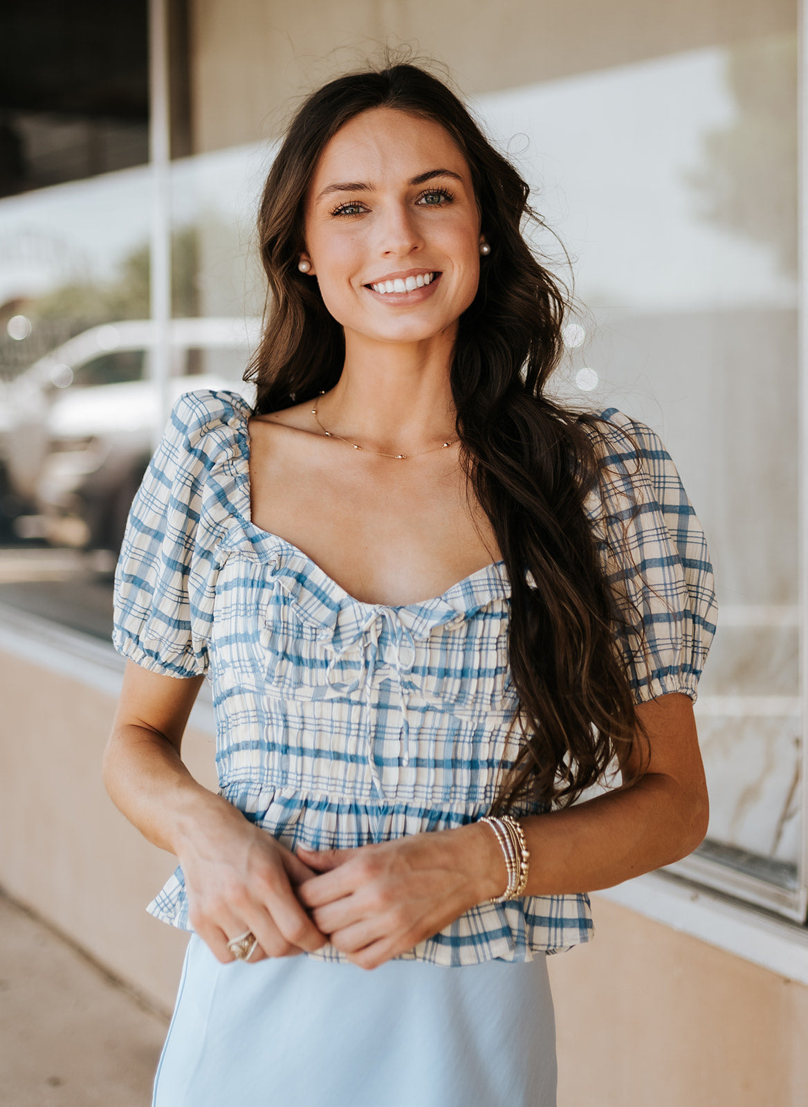 Blue Clemence Plaid Blouse S1964T-4
