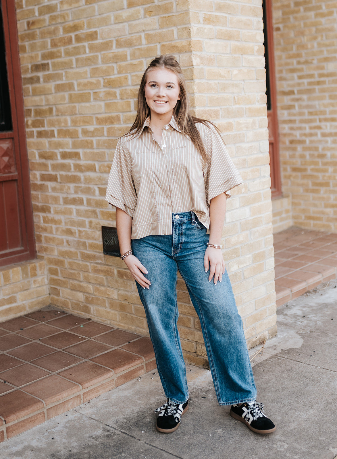 Tan Striped S/S Cropped Button Down CS11699