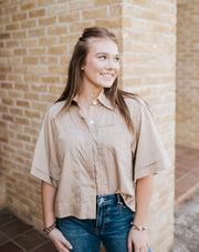 Tan Striped S/S Cropped Button Down CS11699